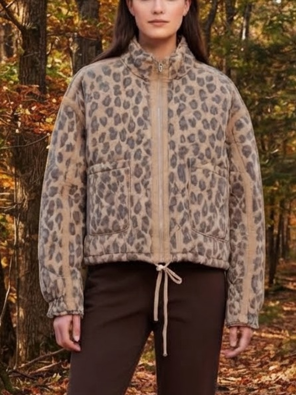 BLANKNYC Spot On Bomber Short Boxy Jacket Leopard Print Brown Sz S Oversized